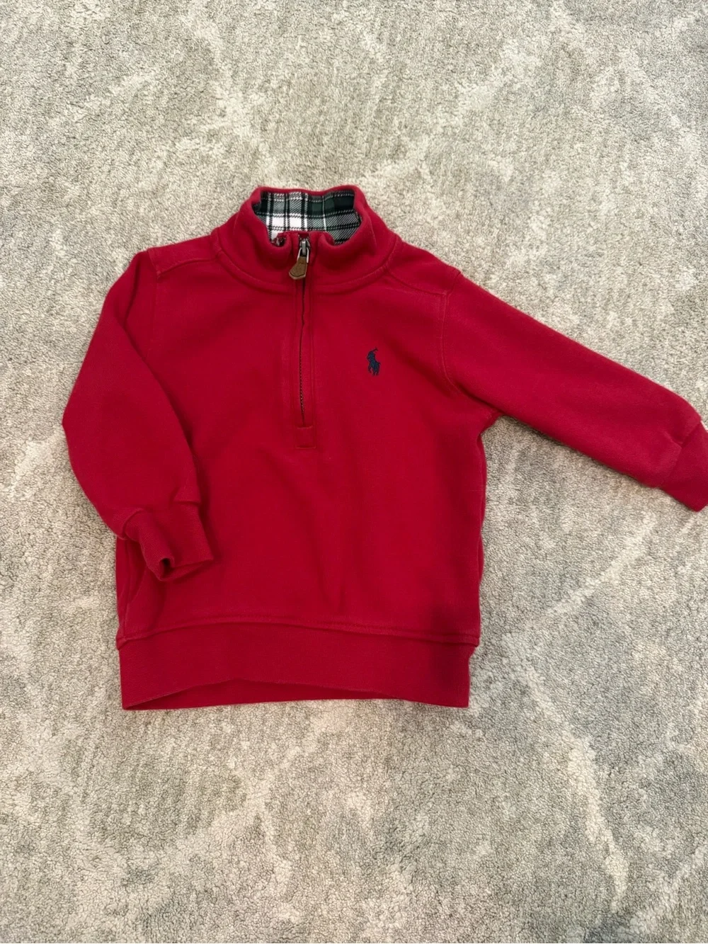 Ralph Lauren Kids Red Half-Zip Sweatshirt with Plaid Collar